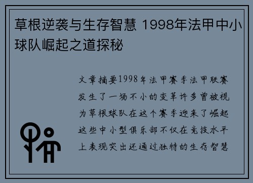 草根逆袭与生存智慧 1998年法甲中小球队崛起之道探秘