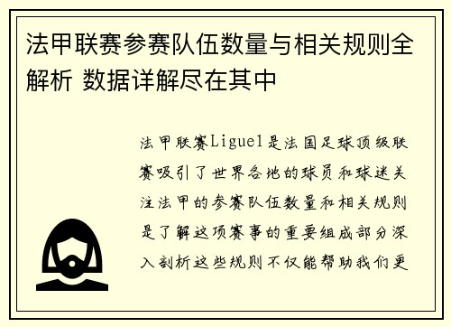 法甲联赛参赛队伍数量与相关规则全解析 数据详解尽在其中