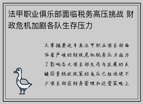 法甲职业俱乐部面临税务高压挑战 财政危机加剧各队生存压力