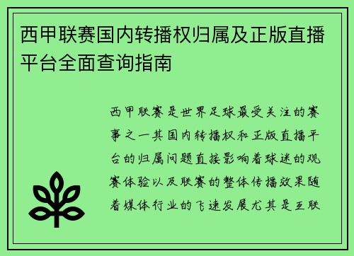 西甲联赛国内转播权归属及正版直播平台全面查询指南